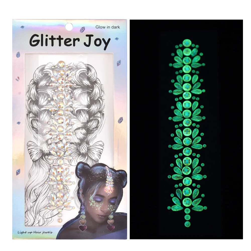 3D Luminous Crystal Forehead Headpiece Sticker Hair Jewels Glitter Face Body Gem Festival Shiny Diamond Temporary Tattoo Sticker
