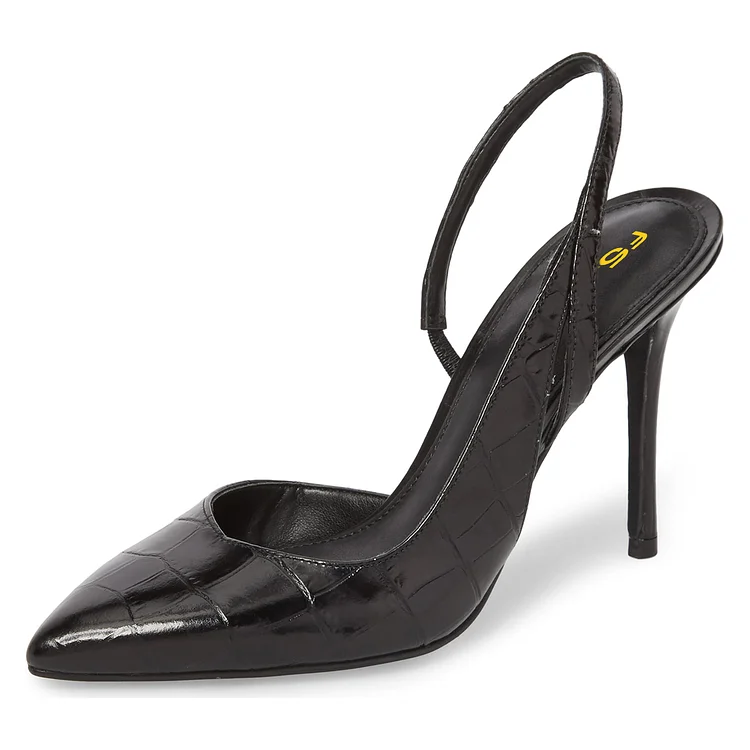 Black Bamboo Grain Pointy Toe Stiletto Heel Slingback Pumps |FSJ Shoes