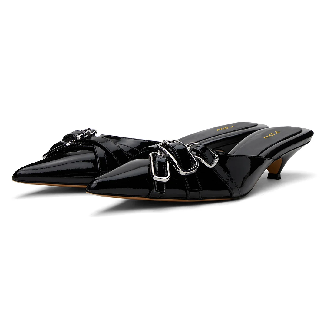 Pointed Toe Kitten Heel Buckle Strap Women's Mules Shoes in Black