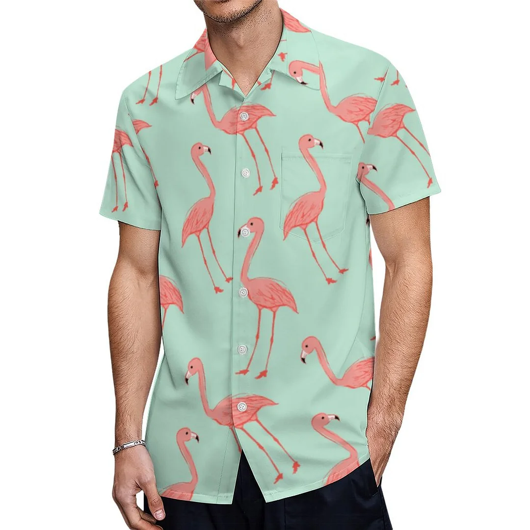 Green Pink Floral Flamingo Girly Summer Hawaiian Shirt Mens Button Down Plus Size Tropical Hawaii Beach Shirts