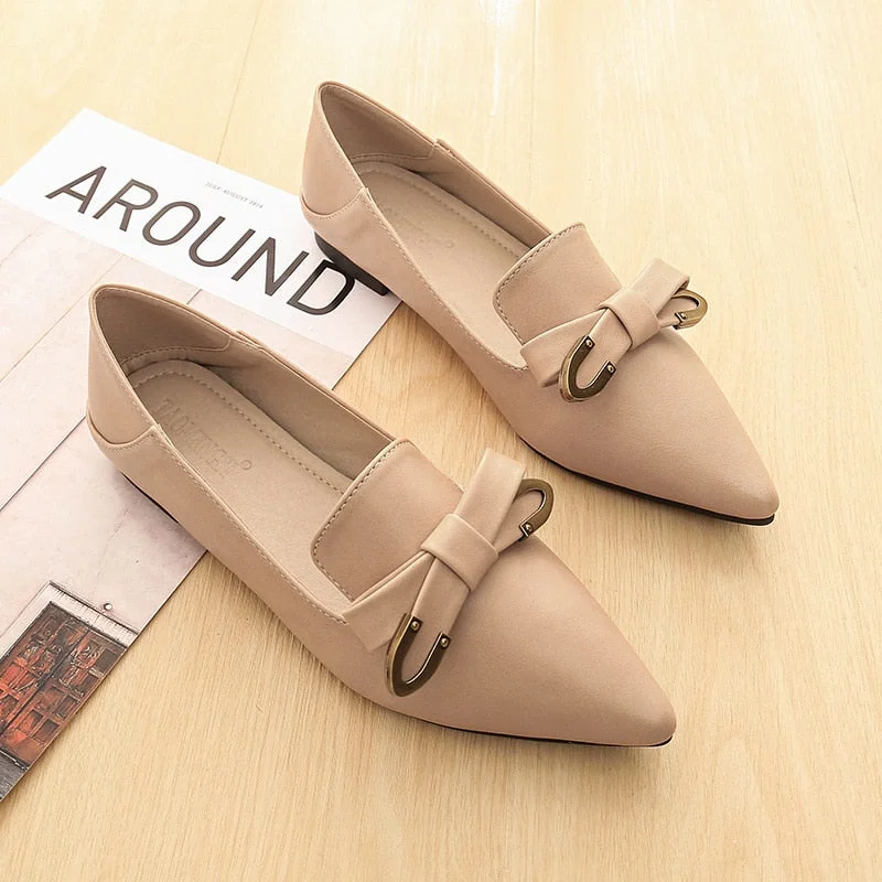 Pointed Toe Flats Womens Metal Buckle Single Shoes Cloth Belt Ballerina Loafers Slip On Lady Office Shoes Dress Leather Creepers