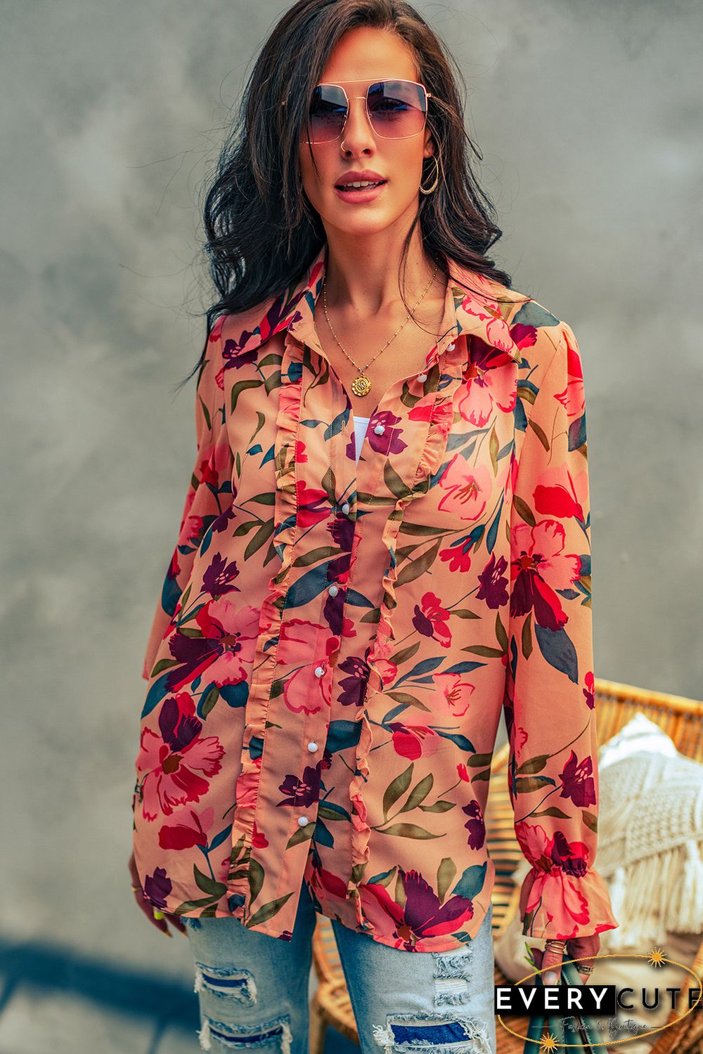 Red Floral Print Ruffled Long Sleeve Shirt