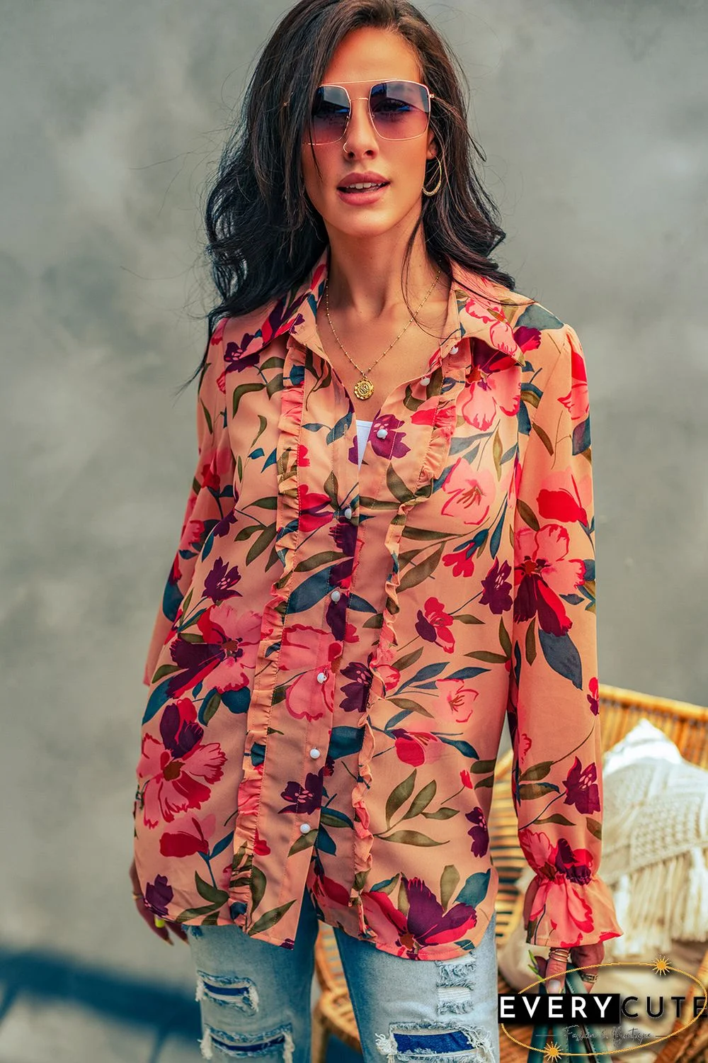 Red Floral Print Ruffled Long Sleeve Shirt