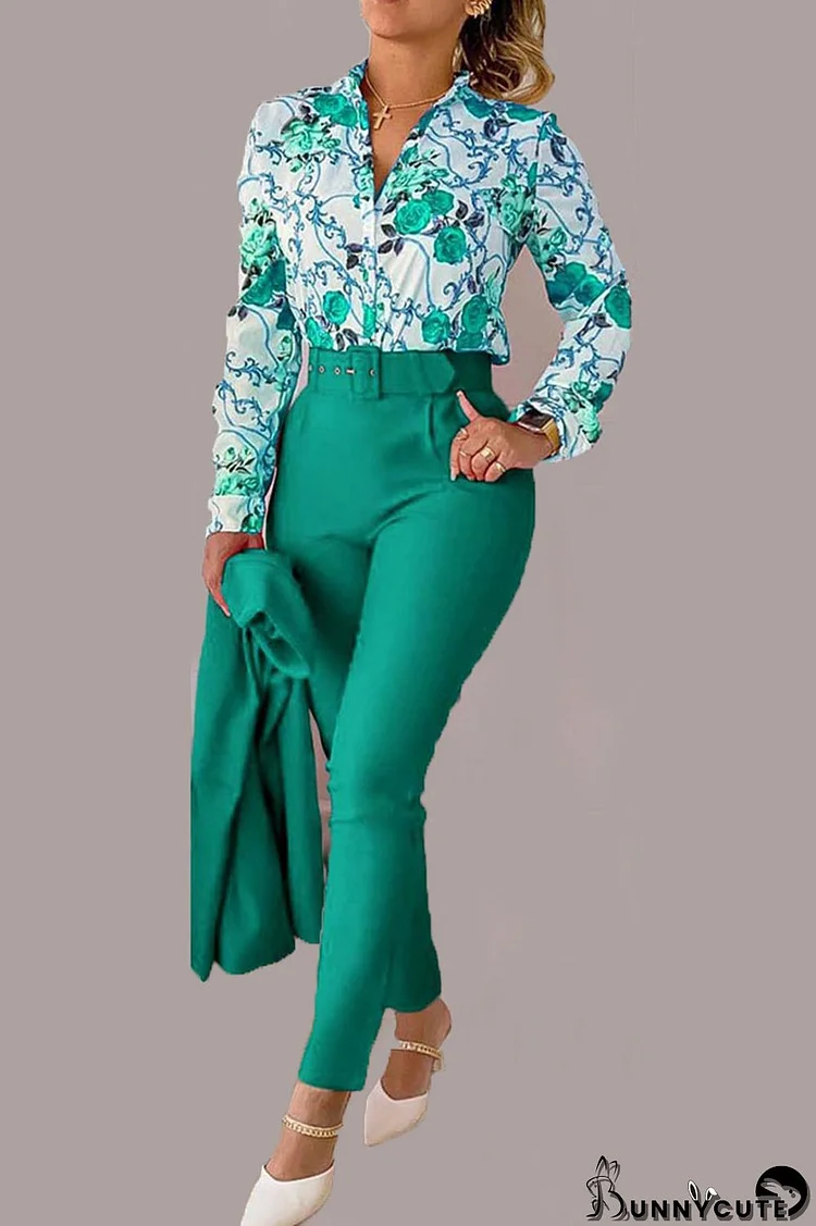 Green Casual Print Patchwork Buckle With Belt Turndown Collar Long Sleeve Two Pieces(Without Coat)