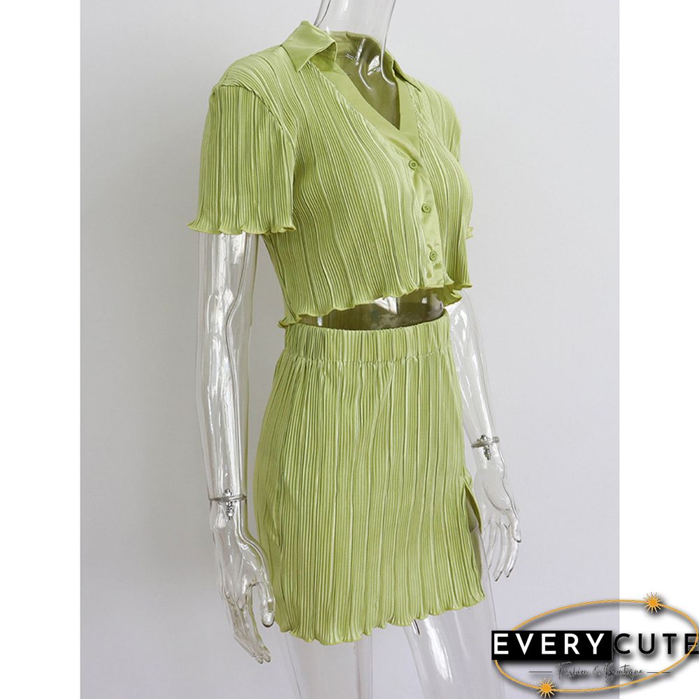 Green Button Crop Top and Split Skirt Set