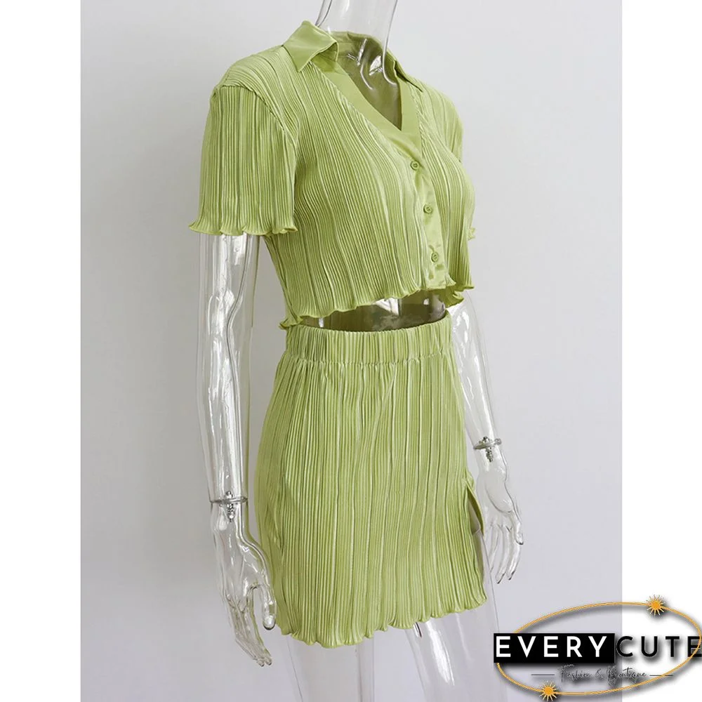 Green Button Crop Top and Split Skirt Set