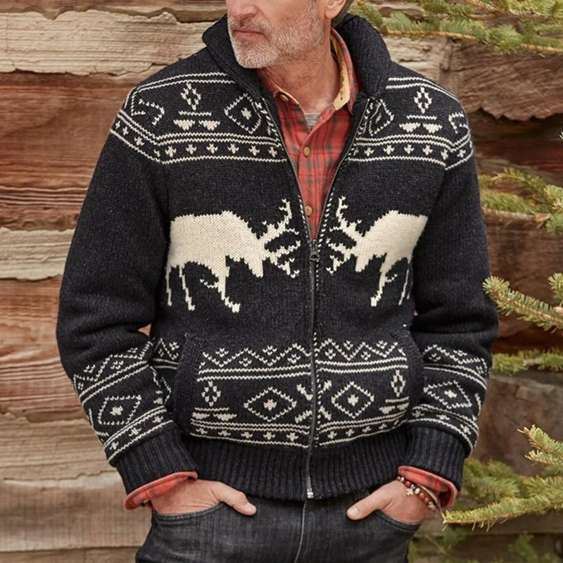 Men's Black Fawn Jacquard Sweater Zip Knit Jacket