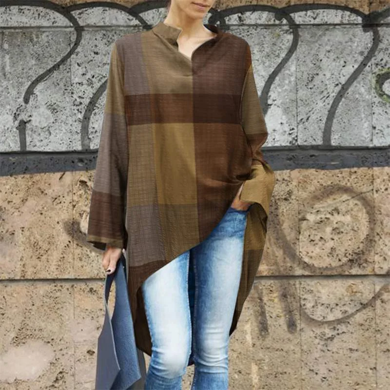 ZANZEA Summer Long Sleeve Plaid Checked Blouse Women Asymmetrical Shirt 2022 Fashion High Low Hem Blusas Loose Casual Tops Tunic