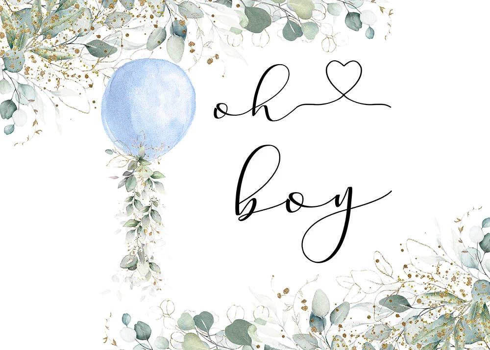 Oh Boy Watercolor Blue Balloon Greenery Baby Shower Party Backdrop RedBirdParty