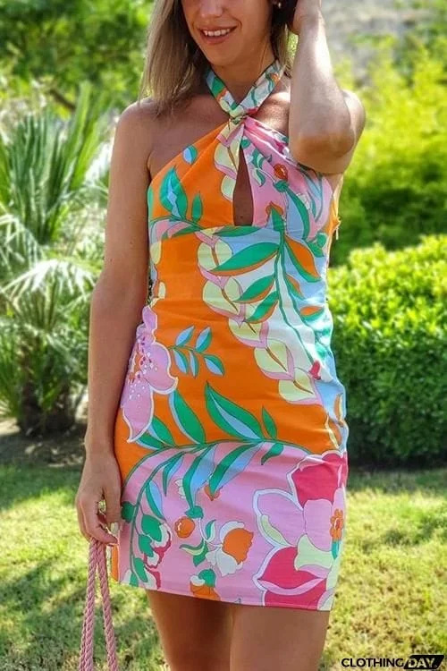 Print Halter Neck Backless Mini Dress