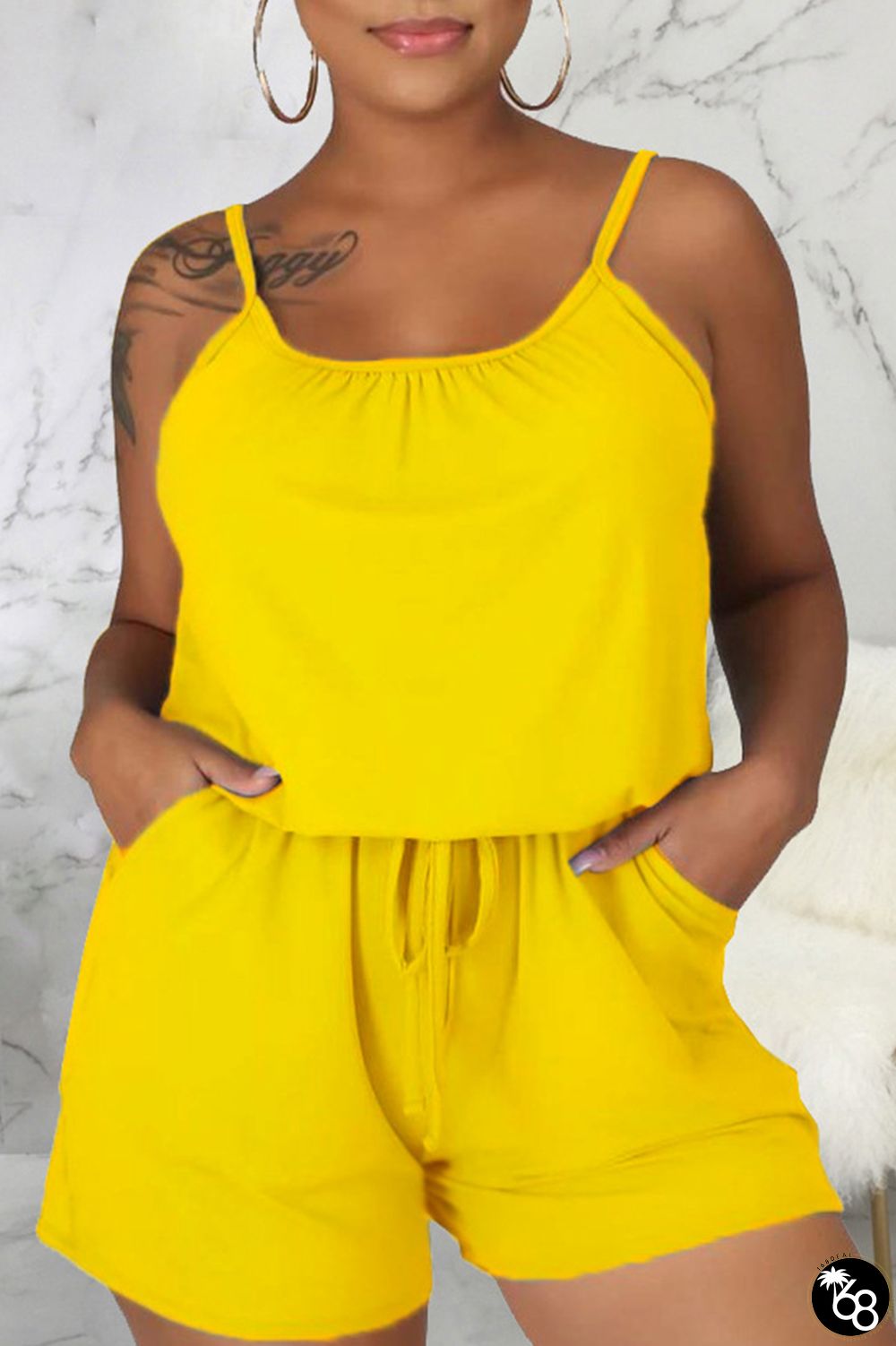 Yellow Sexy Solid Patchwork Spaghetti Strap Regular Rompers | 168DEAL