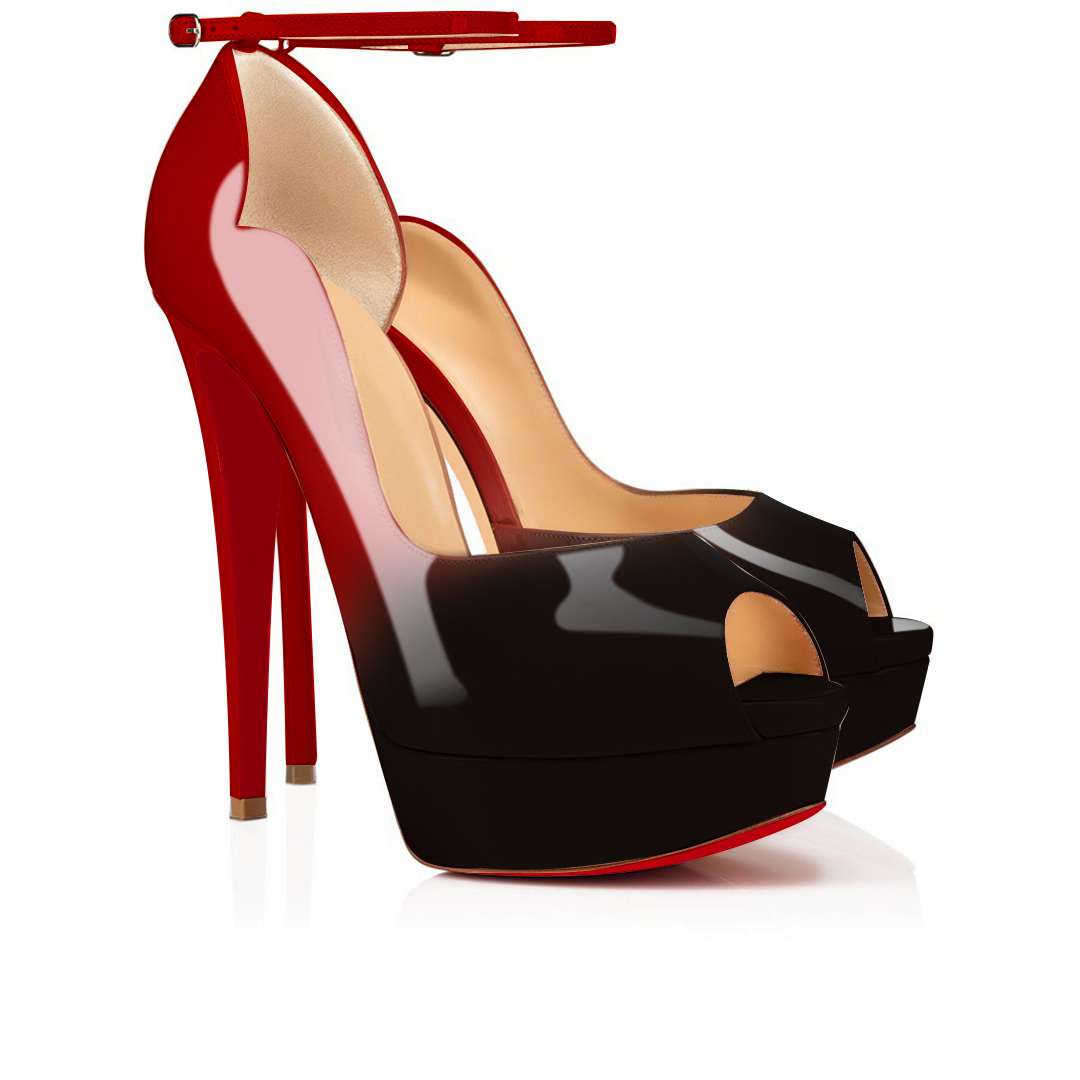 150mm  Red Bottom Gradient Color Sky High Platform Ankle strap Pumps Red Black Patent-MERUMOTE