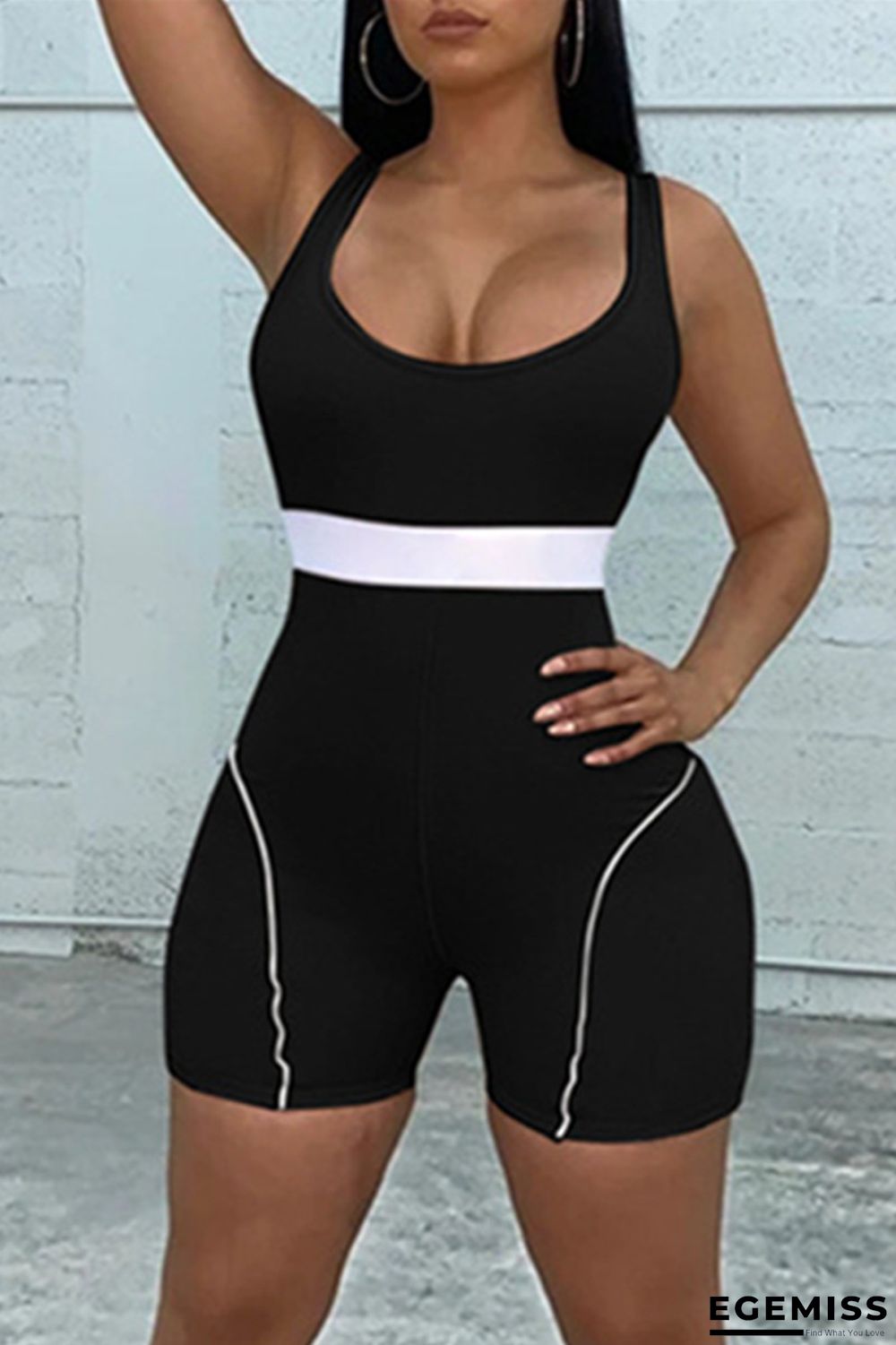 Black Casual Sportswear Solid Patchwork O Neck Skinny Jumpsuits | EGEMISS