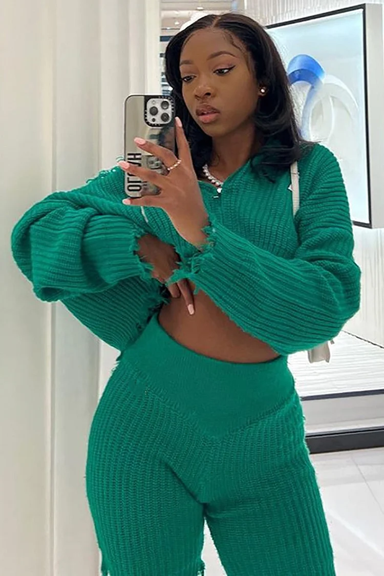 Knit Zipper Hooded Crop Top Irregular Hem 2pcs Shorts Set