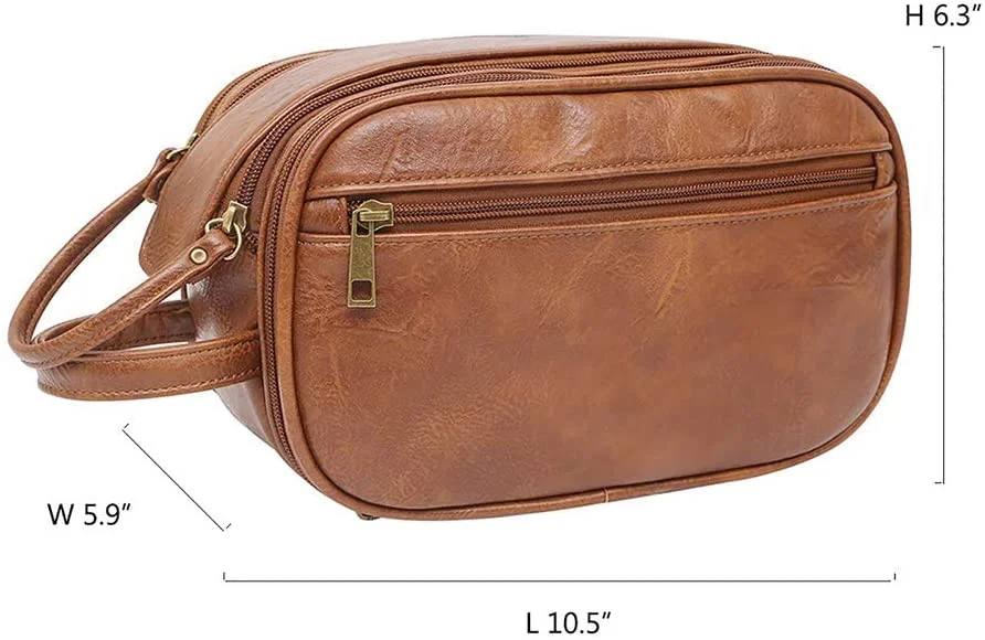 Toiletry Bag for Men, Large Capacity Travel Shaving Dopp Kit All In One Bathroom Toiletries Organizer Leather Cosmetic Bag (Brown)