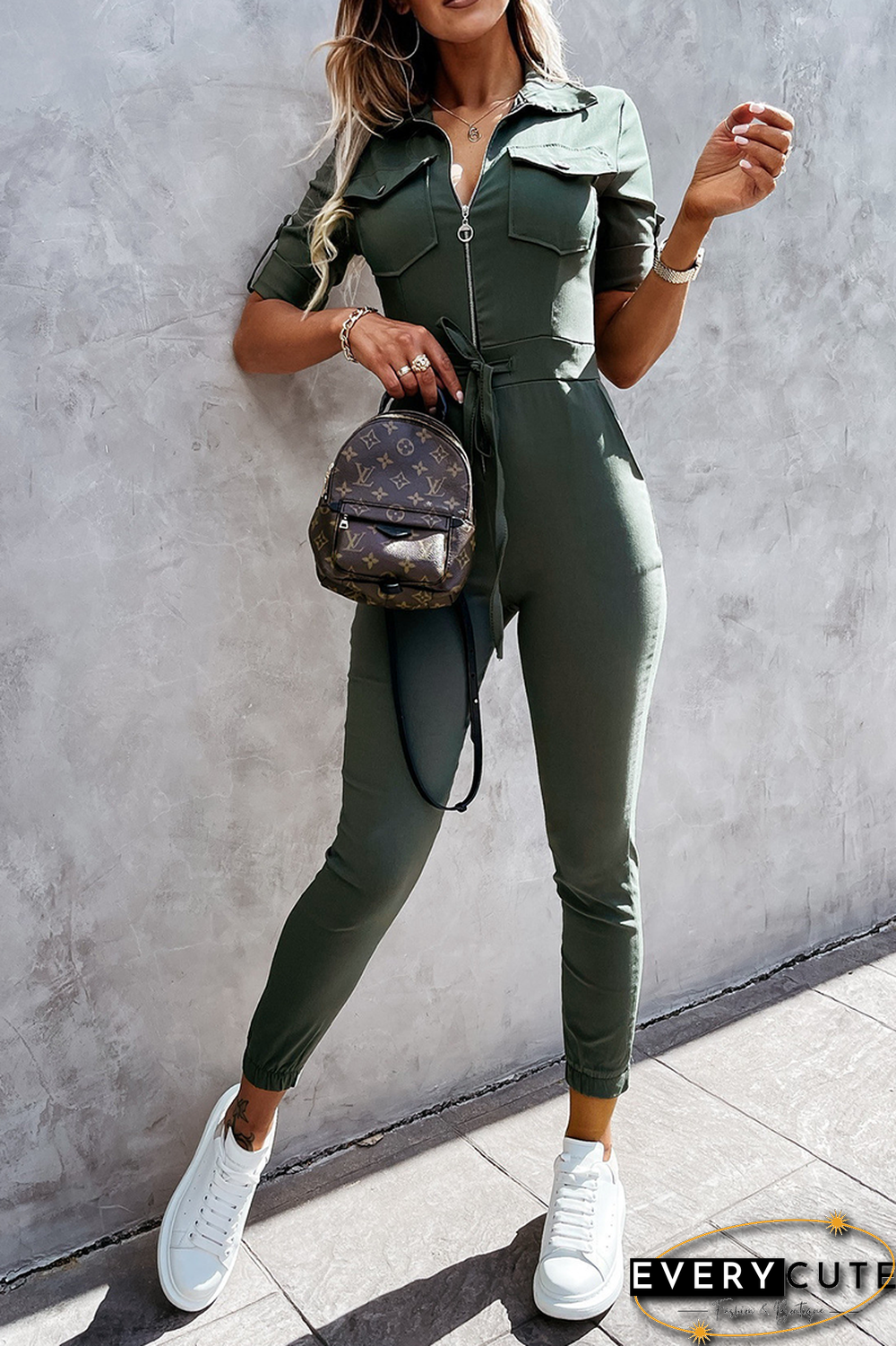 Casual Solid Split Joint Turndown Collar Skinny Jumpsuits(3 Colors)
