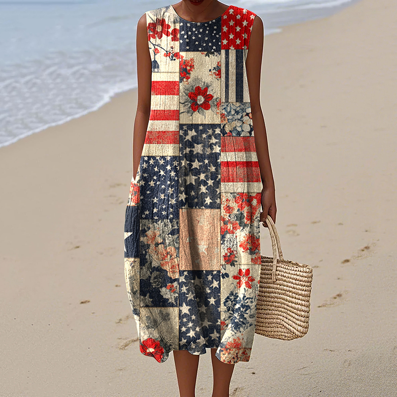 Vintage Independence Day American Flag Patch Floral 4th Of July Art Linen Tank Dress wearshes