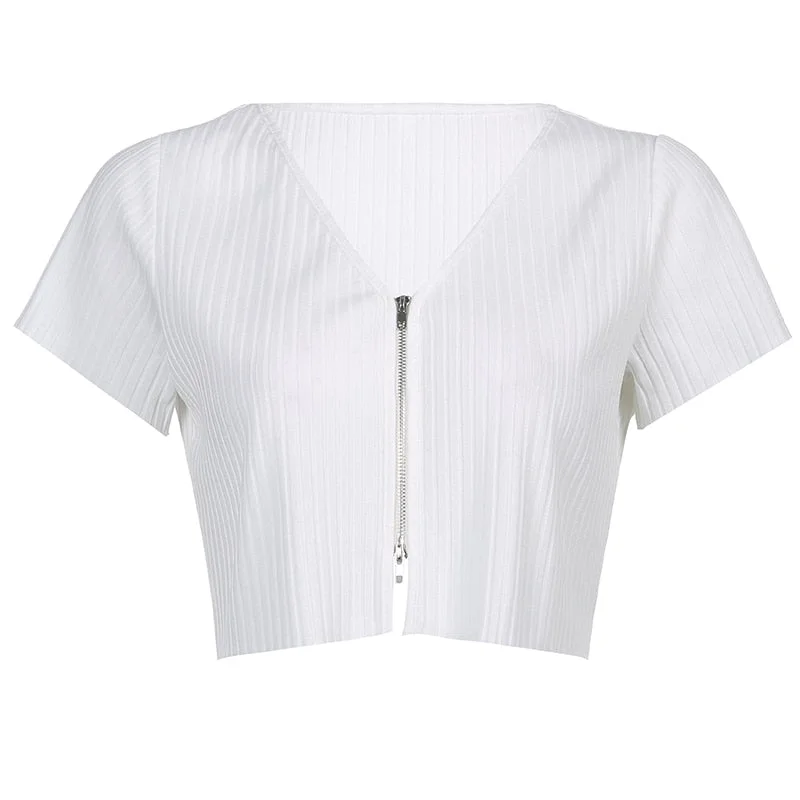 HEYounGIRL Zipper Casual Loose Long Sleeve Cropped Tshirt Autumn Fashion V Neck Crop Top T Shirt Women Chic Cotton Streetwear