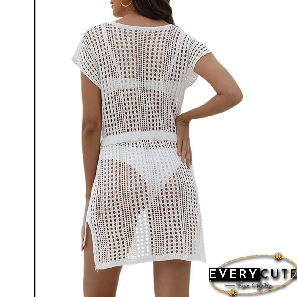 White Knit Hollow-out V Neck Beach Cover Up