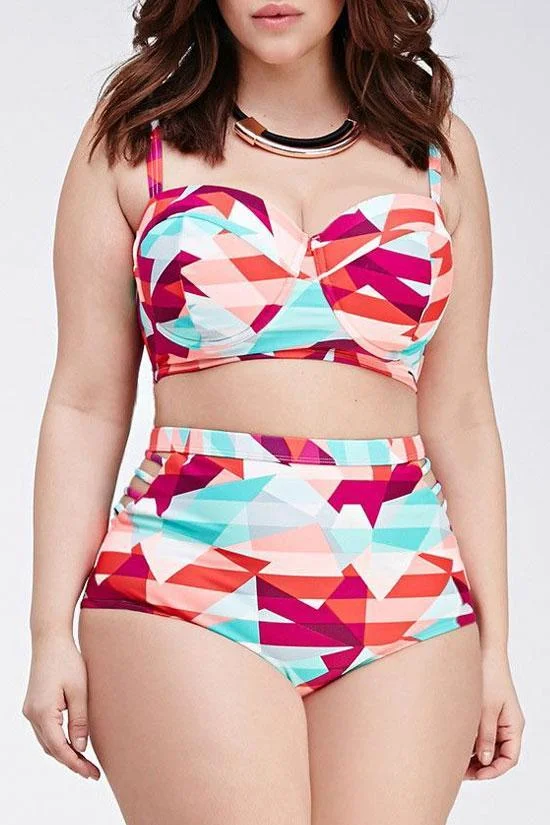 Plus Size Colorful Geometric Bandeau Bikini Swimsuit - Two Piece Set