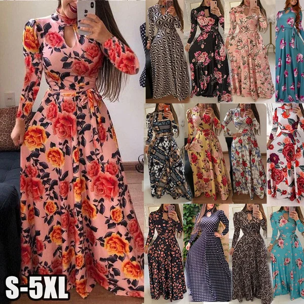 Women Fashion Long Sleeve Dress Maxi Dresses High Waist Flower Dress Party Dress