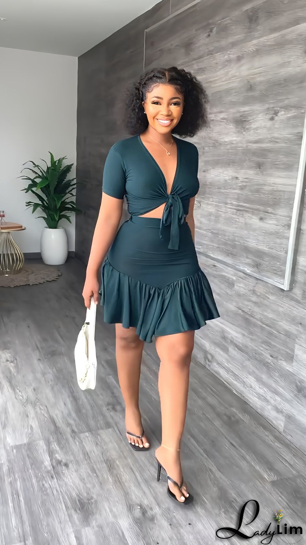 V Neck Short Sleeve Lace-Up T-Shirt Ruffle Skirt Casual Holidays Two-Piece Set