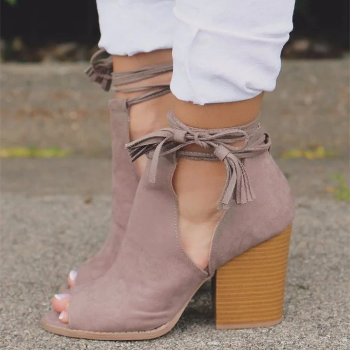 Light Plum Cut Out Boots Strappy Suede Peep Toe Wooden Heels |FSJ Shoes