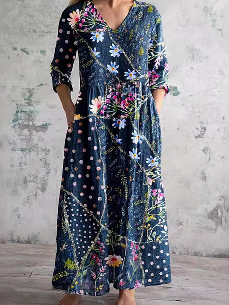 Women's Long Sleeve V-neck Floral Printed Midi Dress