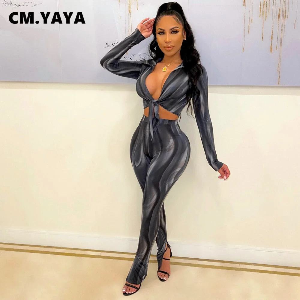 CM.YAYA Spring Winter Wave Striped Women Two 2 Piece Set Outfits Tie Up Mini Shirts and Legging Pants Set Street Sport Tracksuit