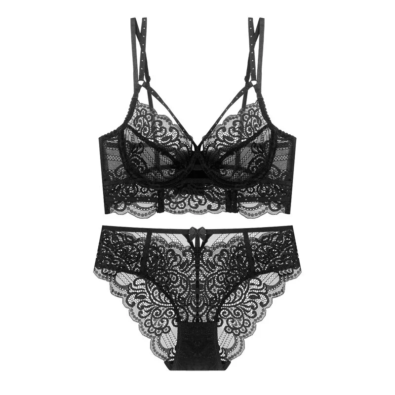 Billionm Hollow Bra and Panties for Women Lace Flowers Underwear French Ultra-thin Breathable Deep V Body Bralette Push Up Brassiere