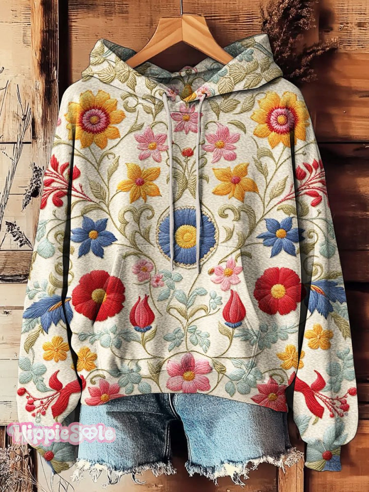 Women’s Bohemian Floral Art Prints Casual Pocket Hooded Sweatshirt Multicolor / S