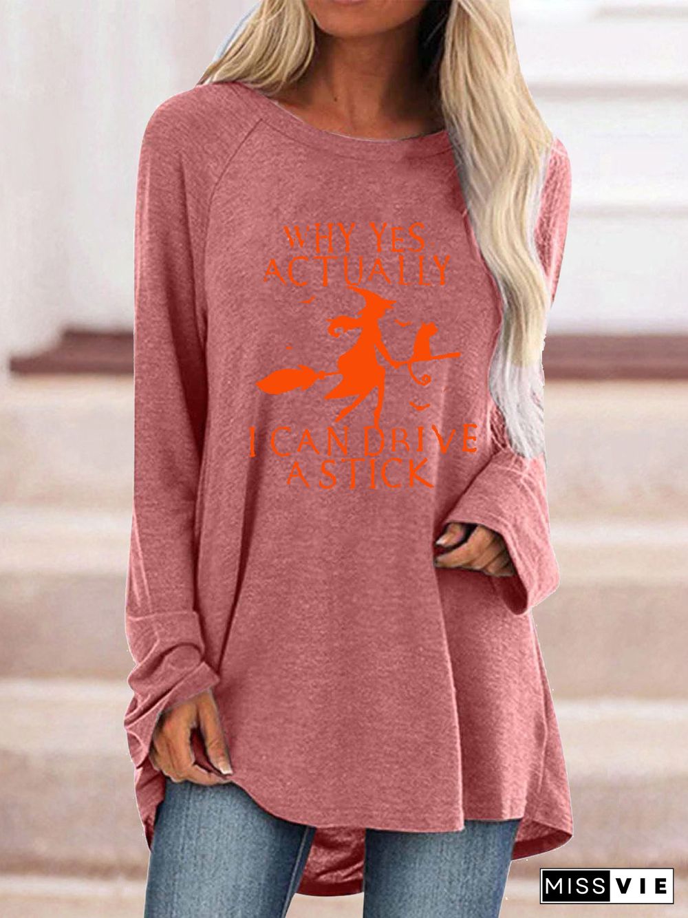 Women Long Sleeve Scoop Neck Solid Letter Graphic Top