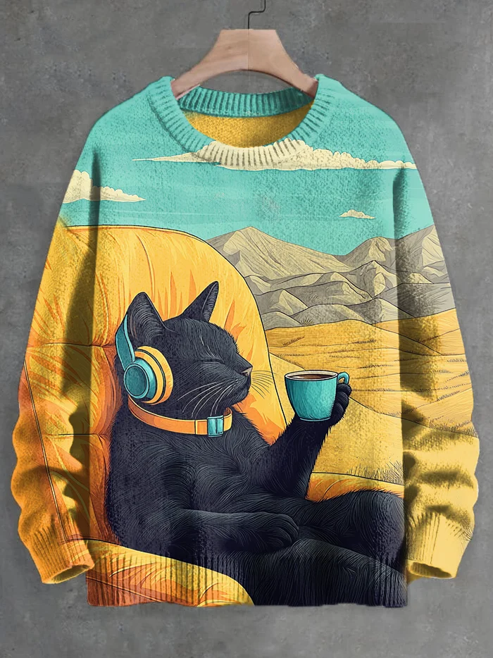 Men's Western Cat Sitting On The Sofa Listening To Music Art Print Knit Sweatshirt