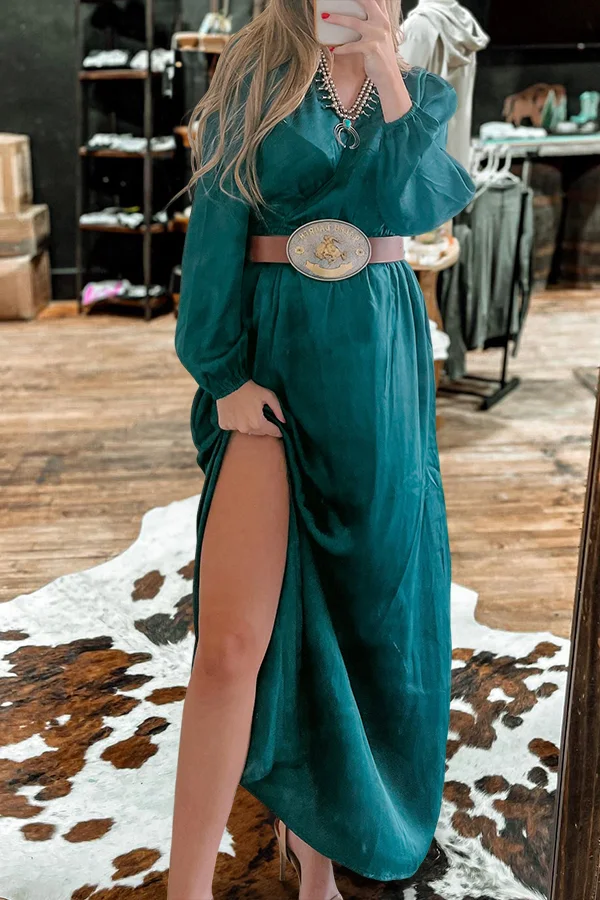 Pretty V-Neck Long-Sleeved Satin Dress