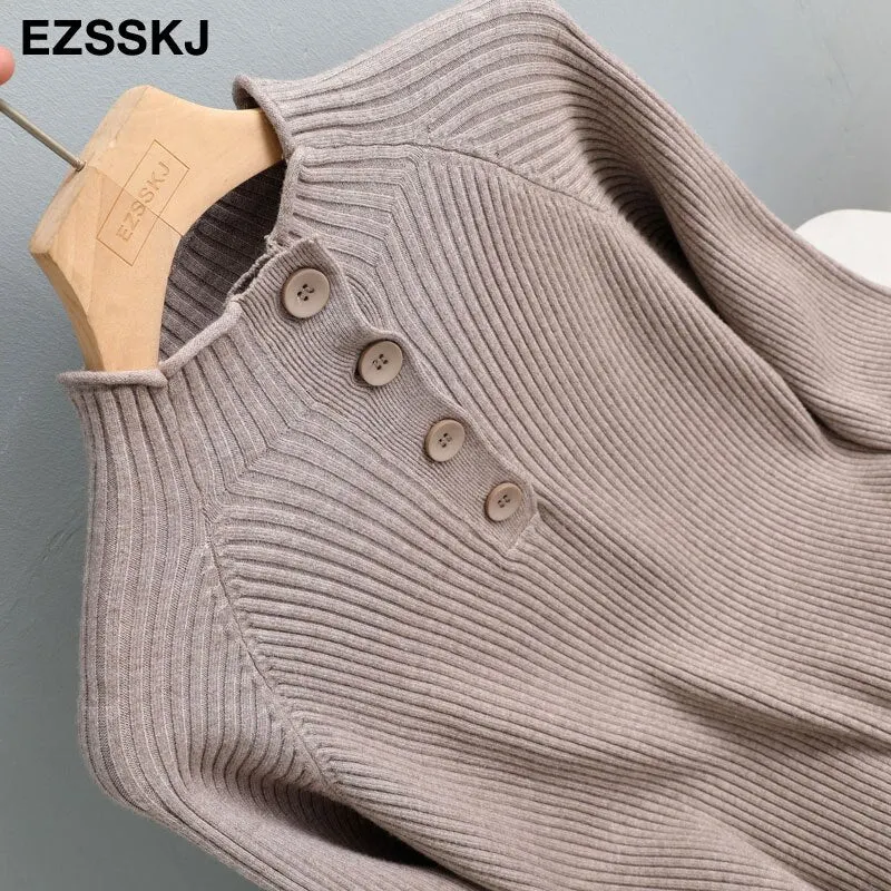 autumn winter thick women's sweater 2020 loose warm oversize Sweater Pullover button women's turtleneck sweater long sleeve