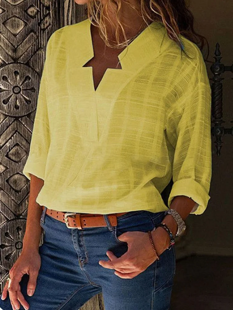 V Neck Long Sleeve Solid Color Shirts