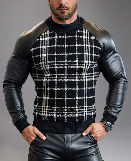 Casual Knitted Stretch Leather Patchwork Plaid Long Sleeve Sweater