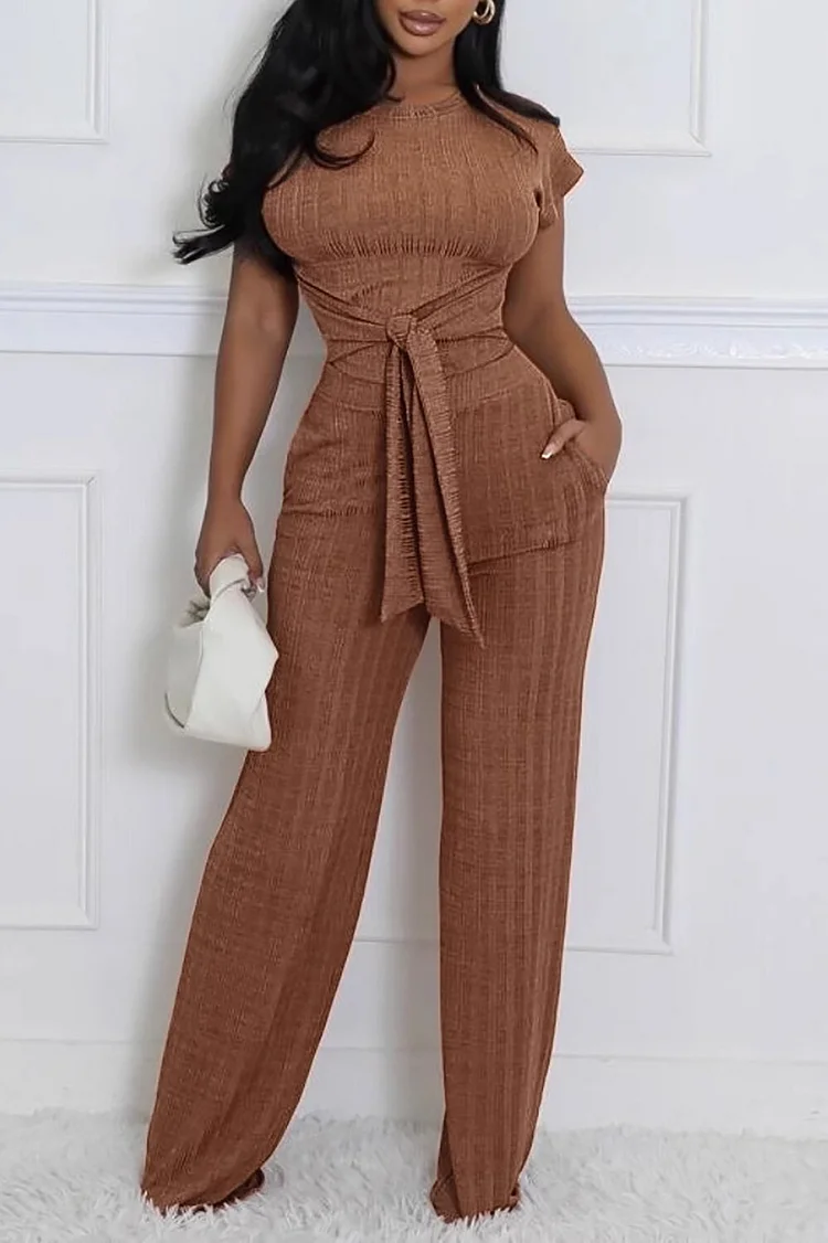 Textured Solid Color Short Sleeve Tie Up Top Straight Leg Pants 2pcs Set-Brown