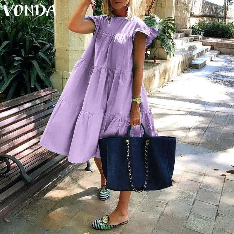 VONDA Summer Cotton Dress Women Casual Short Sleeve Ruffled Cuff Dresses Loose Patchwork Bohemian Vestidos  Knee-Length Dress