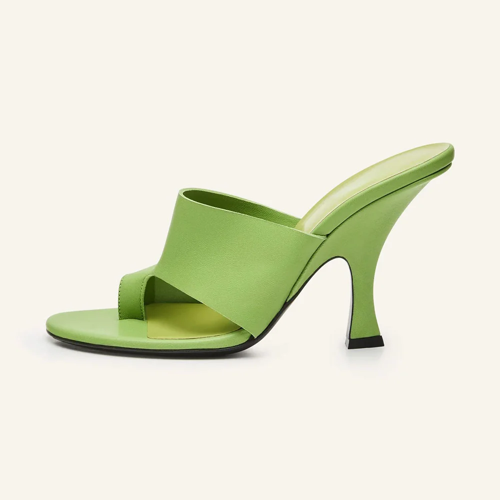 Faux Leather Open Toe Flared Heel Slip On Mules for Women in Green