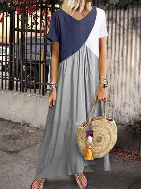 Women's Casual maxi dress with color block and short sleeves