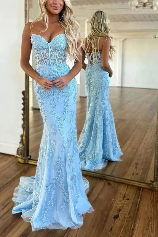  Baby Blue Mermaid Prom Dress V Neck Backless with Appliques - ohprom