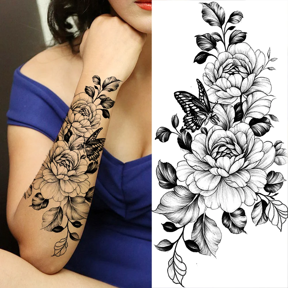 Sdrawing Sunflower Butterfly Temporary Tattoos For Women Adult Rose Flower Moon Fake Tattoo Arm Body Art Decoration Tatoo Paper