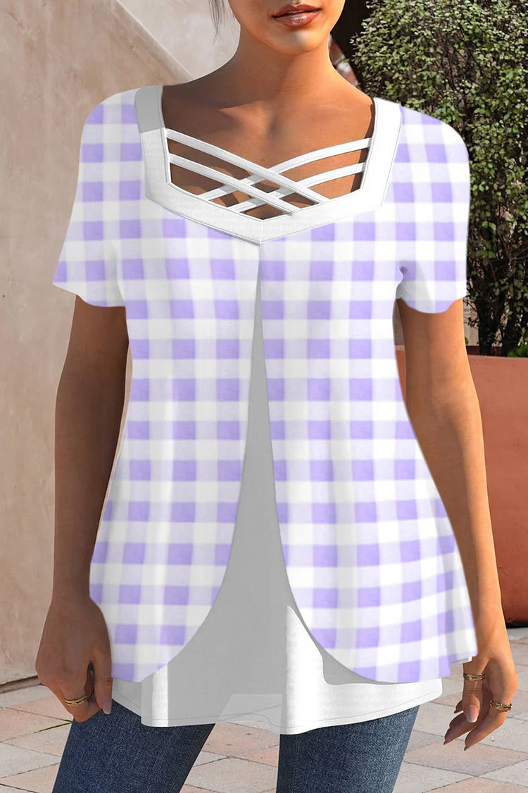 Plus Size Cross Strap Plaid Print Short Sleeve Faux Two Piece Casual Blouses