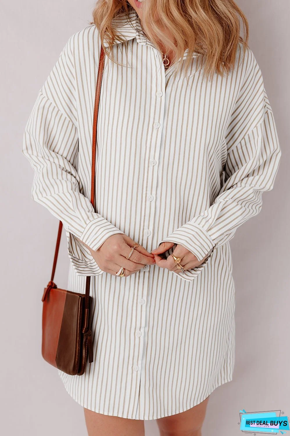 Khaki Stripe Long Sleeve Button Up Mini Shirt Dress