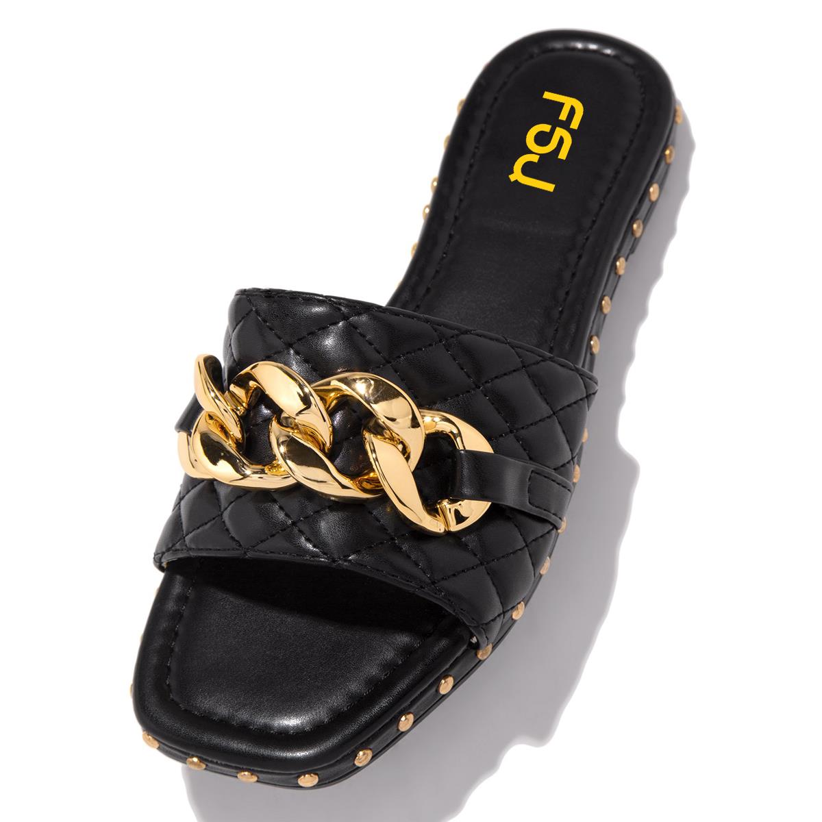 Black Open Square Toe Studded Chain Embellished Flat Slide Sandals Nicepairs