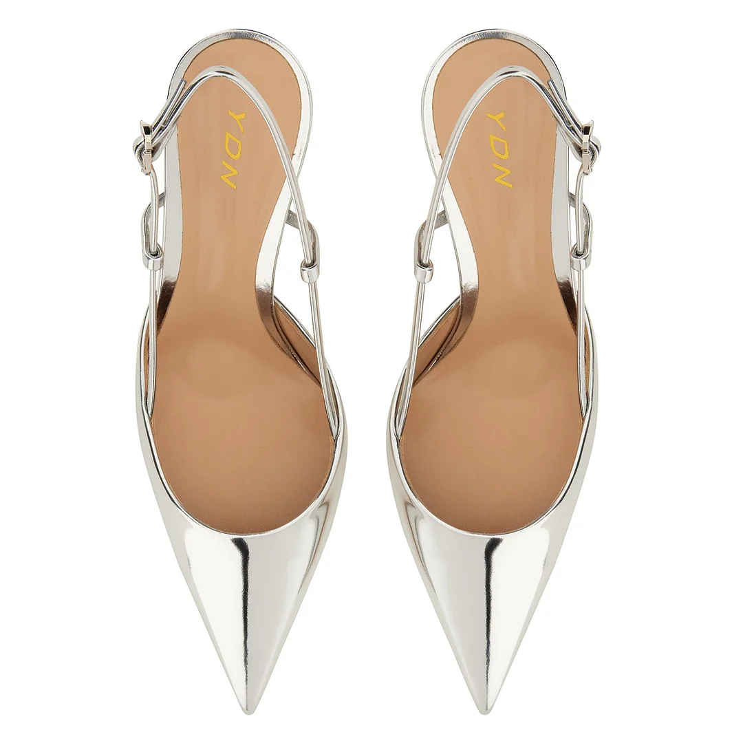 Silver Metallic Finish Pointed Buckle Slingback Decorative Heel Pumps
