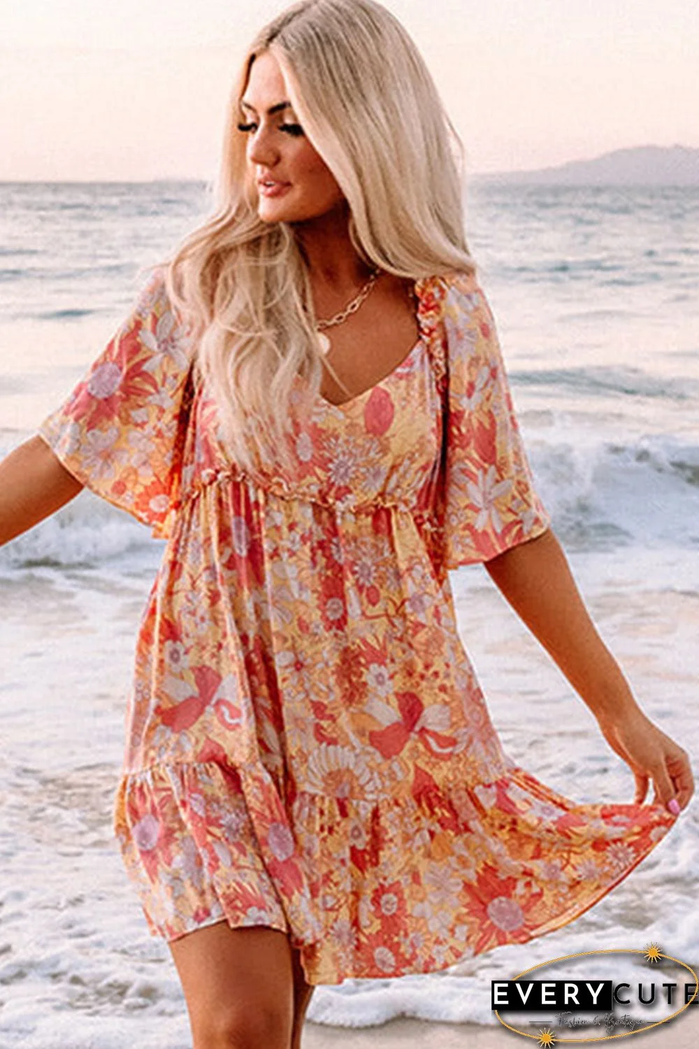 Orange Wide Flutter Sleeve Floral Dress