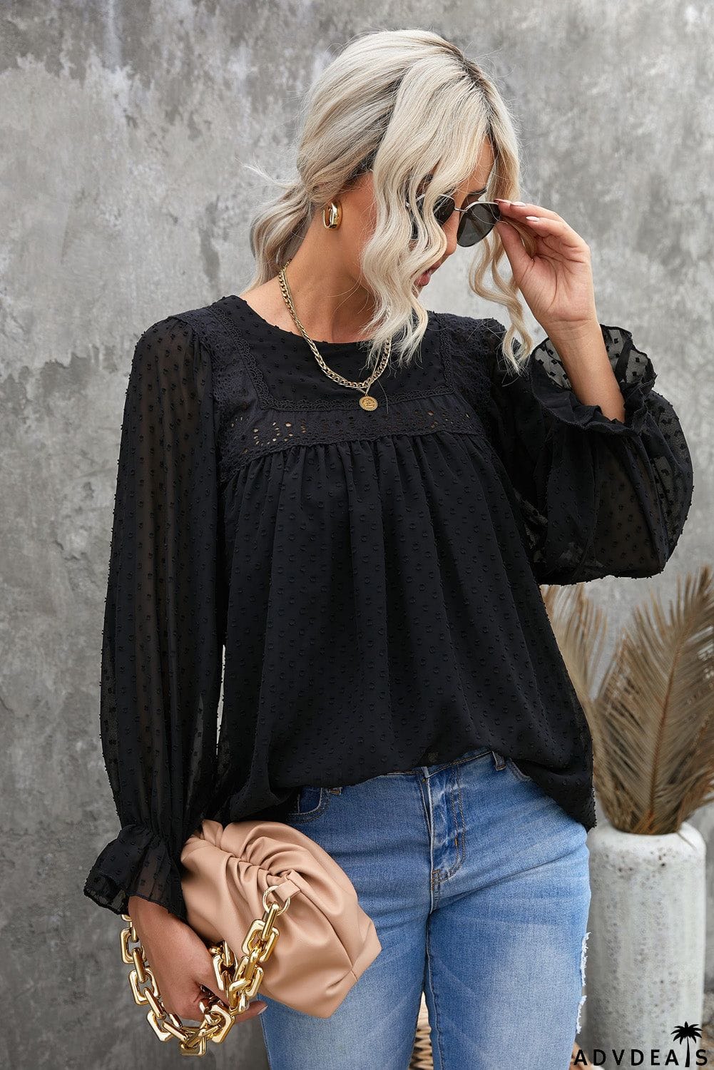 Swiss Dot Hollow Out Ruffle Sleeve Blouse