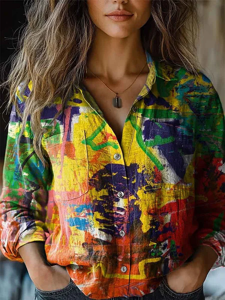 Women's Colorful Abstract Graffiti Print Casual Long Sleeve Comfortable Cotton Shirt